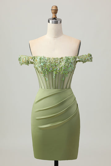 Green Off The Shoulder Corset Sequins Bodycon Homecoming Dress